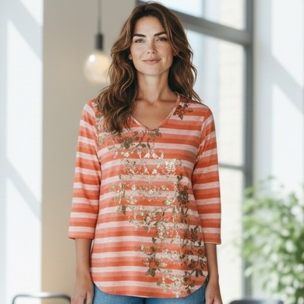 Zenergy by Chico's Orange Striped Gold Foil Floral Top 3/4 Sleeve Size 2 L